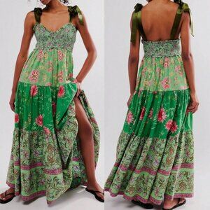 Boho Multicolor Floral Print Shirred Shoulder Tie Ruffle Hem Dress